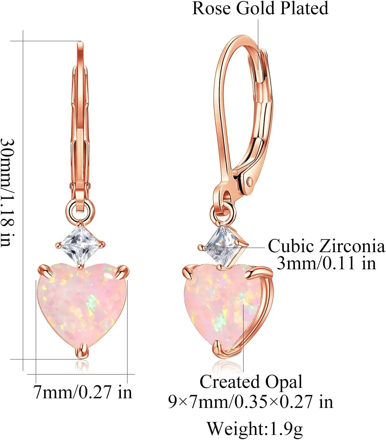 CiNily Heart Opal Earrings Dangle Drop Earrings for Women Trendy Heart Pendant Earrings, CZ Leverback Earrings Opal Jewelry Gifts, 14K White Gold, Rose Gold, Yellow Gold