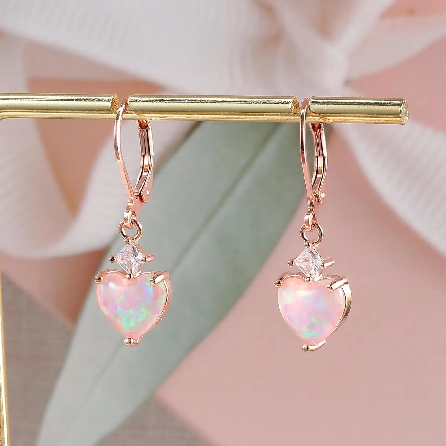 CiNily Heart Opal Earrings Dangle Drop Earrings for Women Trendy Heart Pendant Earrings, CZ Leverback Earrings Opal Jewelry Gifts, 14K White Gold, Rose Gold, Yellow Gold