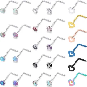 Cisyozi 18G 20G Hypoallergenic Nose Rings Studs Surgical Steel Opal Heart Star Nose Stud Cubic Zirconia Nose Piercing Jewelry for Women Men Straight L Shaped Screw Style