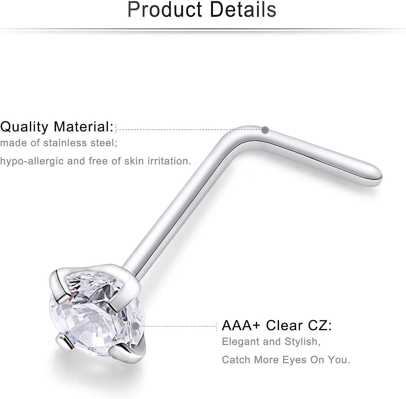 Cisyozi 18G 20G Hypoallergenic Nose Rings Studs Surgical Steel Opal Heart Star Nose Stud Cubic Zirconia Nose Piercing Jewelry for Women Men Straight L Shaped Screw Style