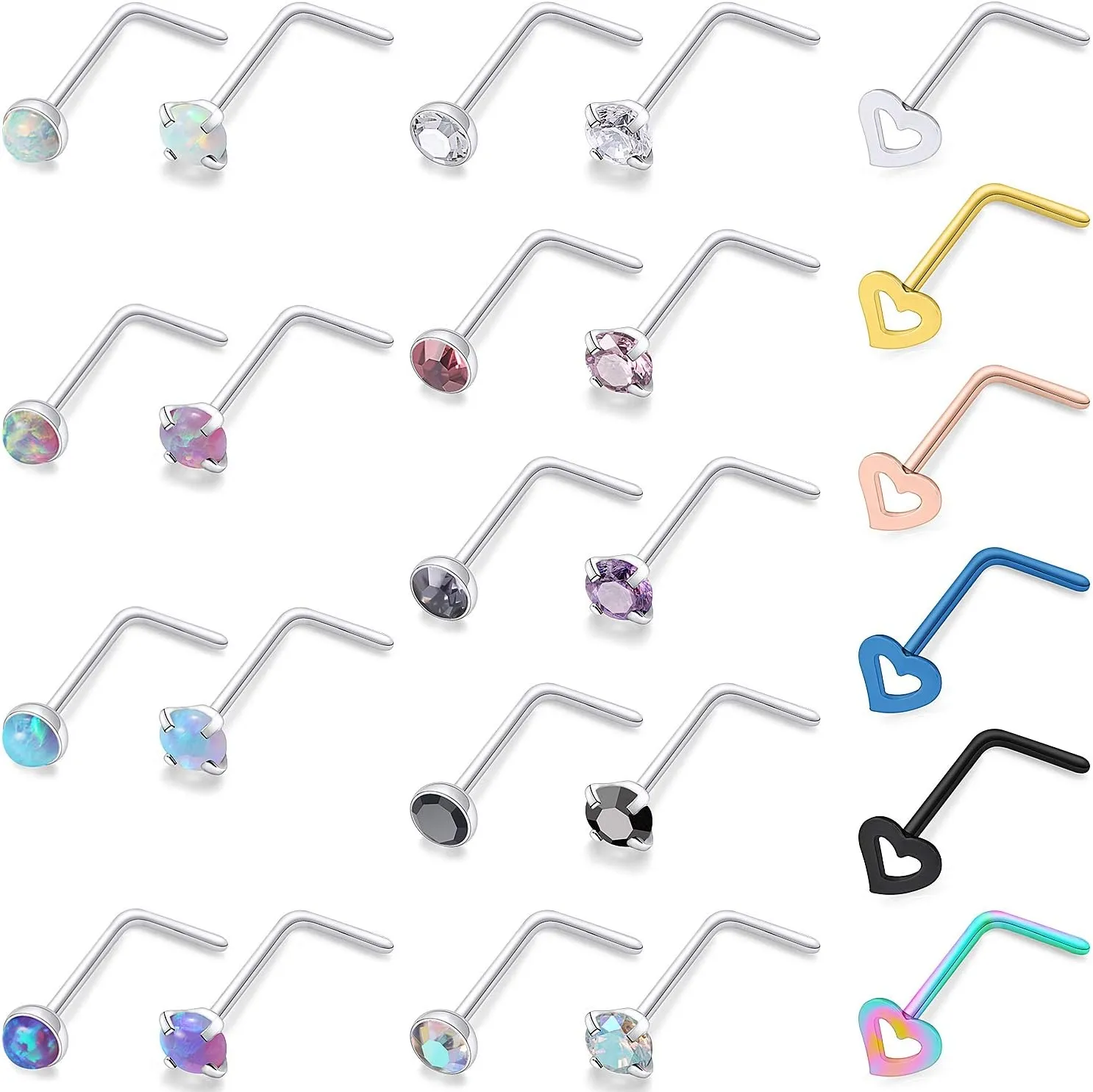 Cisyozi 18G 20G Hypoallergenic Nose Rings Studs Surgical Steel Opal Heart Star Nose Stud Cubic Zirconia Nose Piercing Jewelry for Women Men Straight L Shaped Screw Style