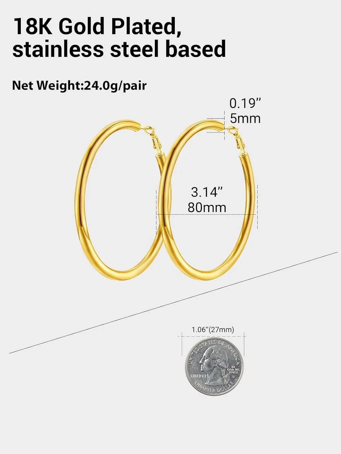 Classic Hoop Earrings for Women Stainless Steel/18K Gold Plated/Black Earrings, Chunky Hoops Earrings Size 30mm/40mm/60mm/80mm