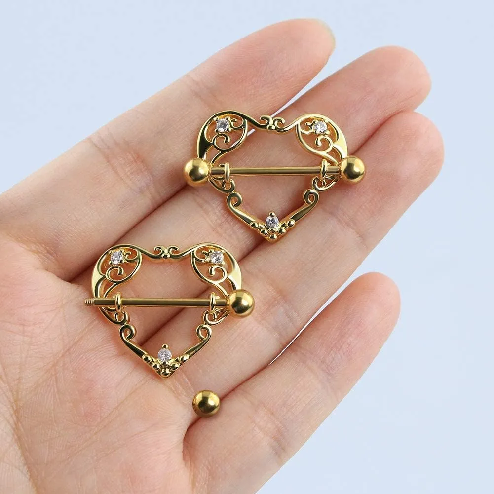 COCHARM 14G Heart Nipple Rings for Women Surgical Steel CZ Nipple Piercings Nipple Barbells Nipple Bars Gold Silver Rose Gold