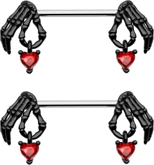 Cocharm 2pcs Halloween Nipple Rings - Black & Red Dangling Skeleton Hand Nipple Rings 14g 14mm/16mm Barbell