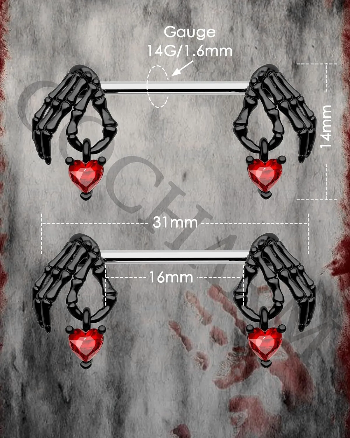 Cocharm 2pcs Halloween Nipple Rings - Black & Red Dangling Skeleton Hand Nipple Rings 14g 14mm/16mm Barbell