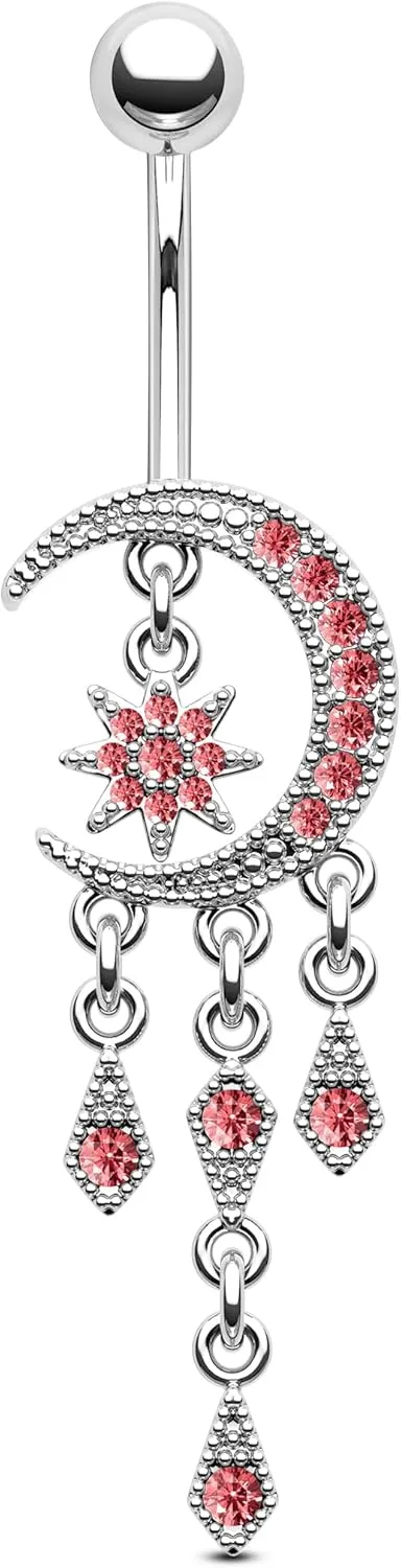 COCHARM Moon Dangle Belly Button Rings for Women 14g Belly Rings Dangling Cute Nave Rings Boho Belly Navel Piercing Jewelry