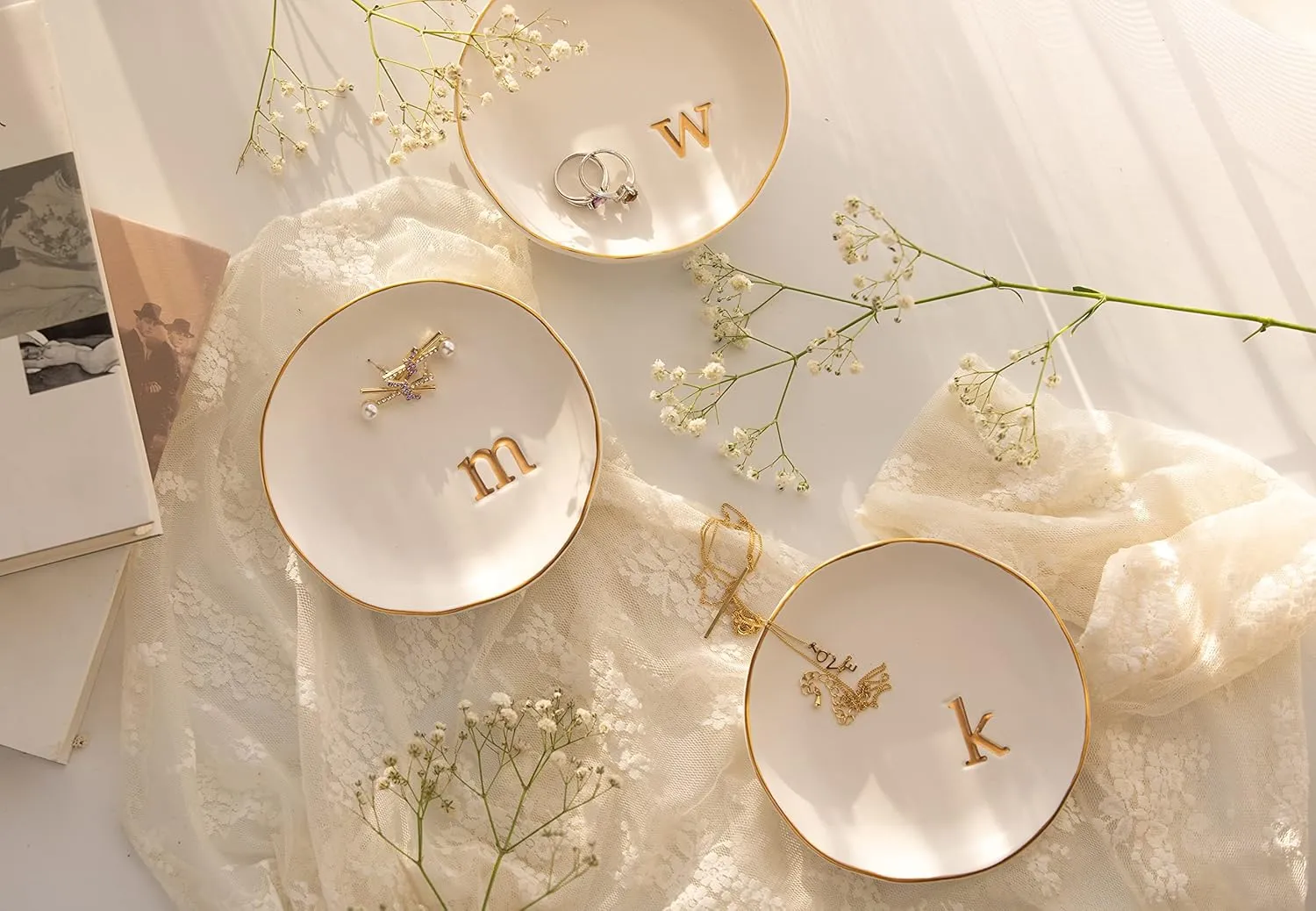 COLLECTIVE HOME - Ceramic Jewelry Tray, Decorative Trinket Dish for Rings Earrings Necklaces Bracelet Watch Keys, Birthday Mother's Day for Women, 4.75", White Surface (D)