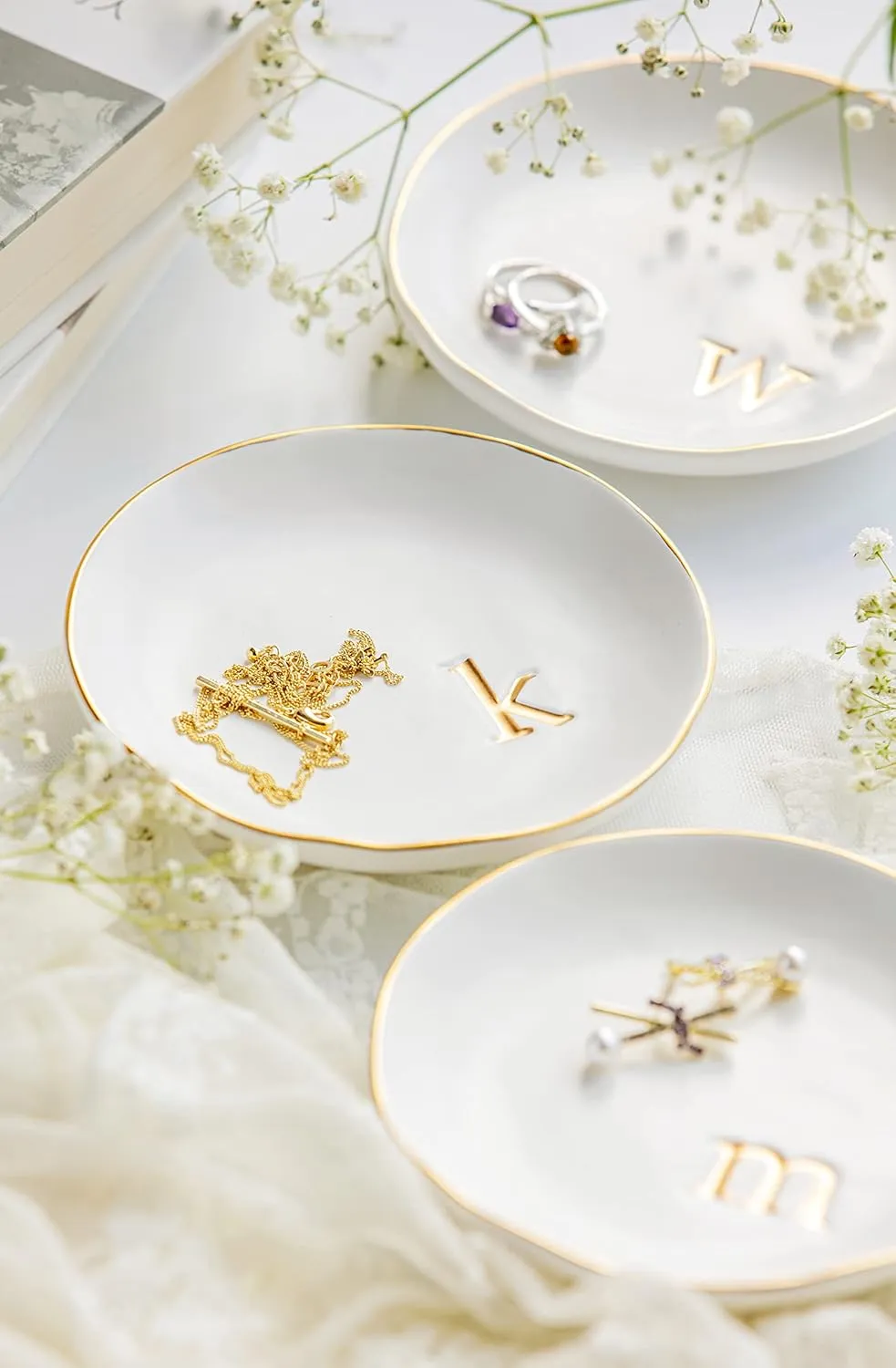 COLLECTIVE HOME - Ceramic Jewelry Tray, Decorative Trinket Dish for Rings Earrings Necklaces Bracelet Watch Keys, Birthday Mother's Day for Women, 4.75", White Surface (D)
