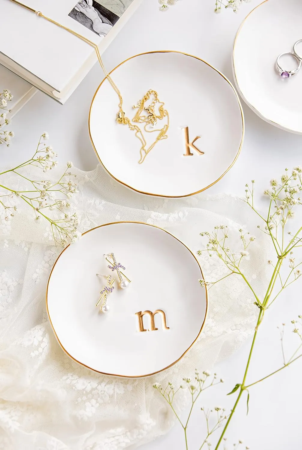 COLLECTIVE HOME - Ceramic Jewelry Tray, Decorative Trinket Dish for Rings Earrings Necklaces Bracelet Watch Keys, Birthday Mother's Day for Women, 4.75", White Surface (D)