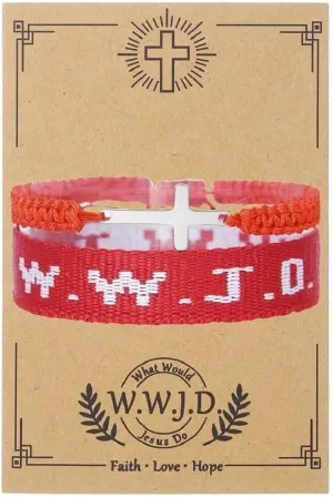 COLORFUL BLING WWJD Bracelet Cross Braided Rope Bracelet for Women Men What Would Jesus Do Wristbands Cross Charm Adjustable Protection Christian Stretch Bracelet Religious Jewelry Gift