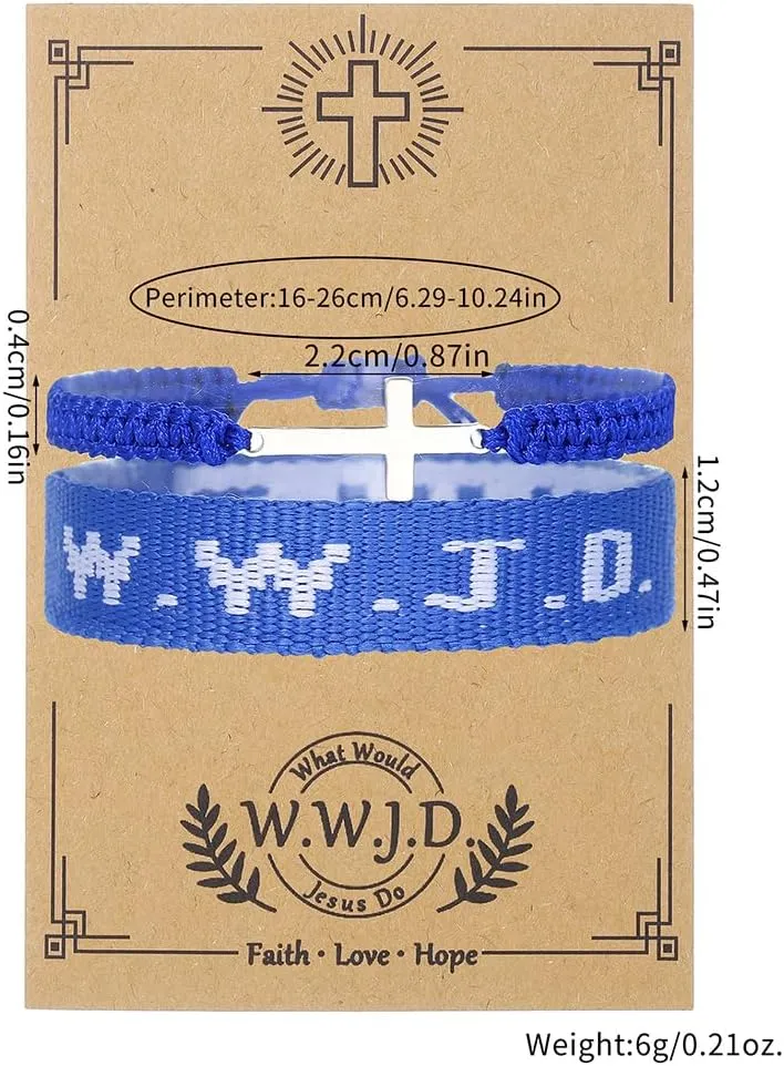 COLORFUL BLING WWJD Bracelet Cross Braided Rope Bracelet for Women Men What Would Jesus Do Wristbands Cross Charm Adjustable Protection Christian Stretch Bracelet Religious Jewelry Gift