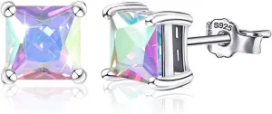 Colorful Cubic Zirconia Stud Earrings - Sterling Silver Hypoallergenic Round Square CZ Studs Earrings for Women, 7MM