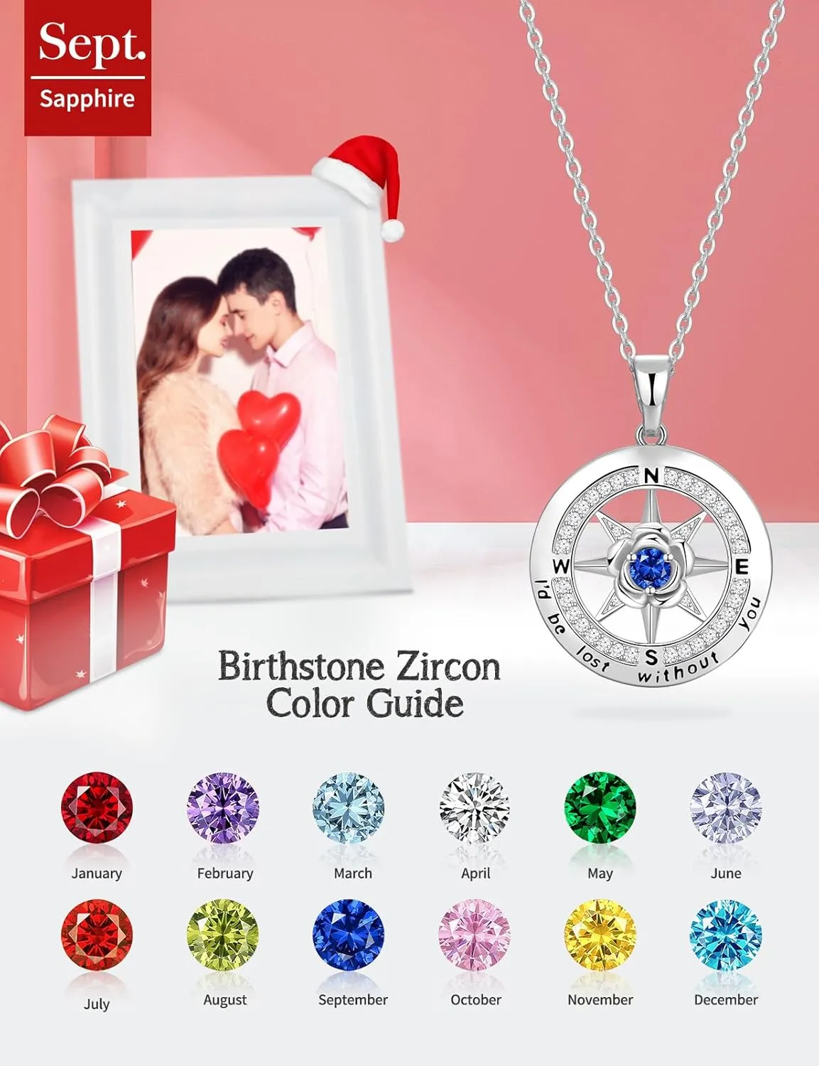 Compass Necklace for Women Rose Flower Birthstone Necklace Gifts for Wife Jewelry for Womens Girlfriend Mom Daughter