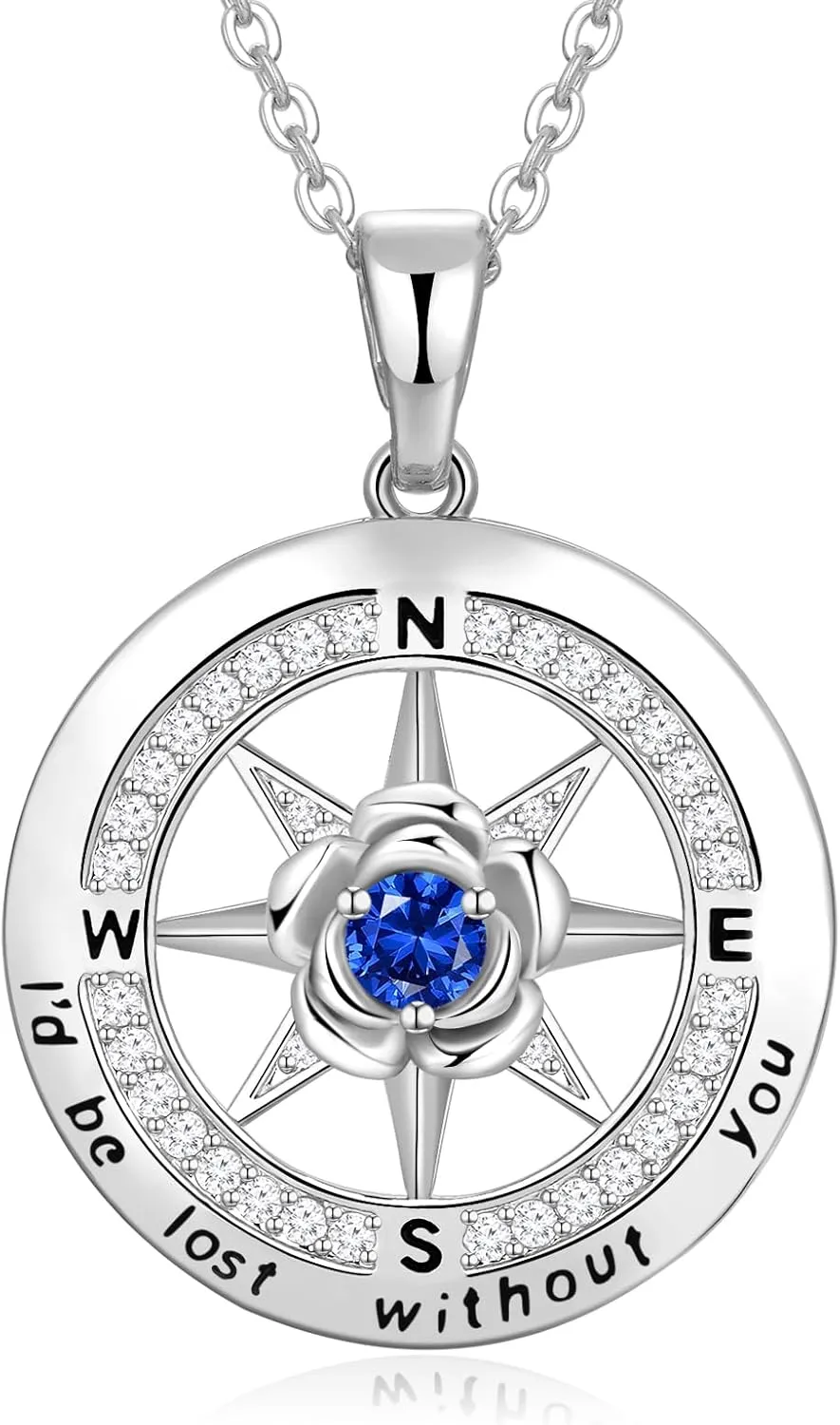 Compass Necklace for Women Rose Flower Birthstone Necklace Gifts for Wife Jewelry for Womens Girlfriend Mom Daughter