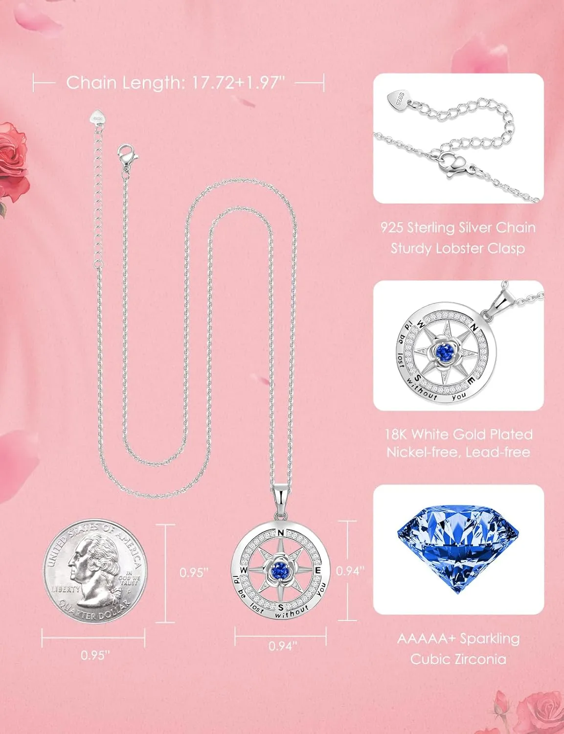 Compass Necklace for Women Rose Flower Birthstone Necklace Gifts for Wife Jewelry for Womens Girlfriend Mom Daughter