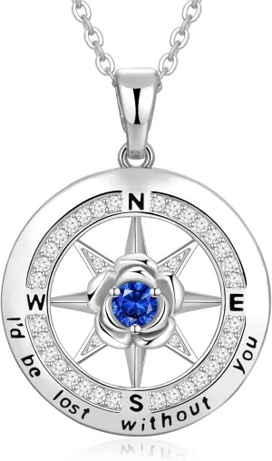 Compass Necklace for Women Rose Flower Birthstone Necklace Gifts for Wife Jewelry for Womens Girlfriend Mom Daughter