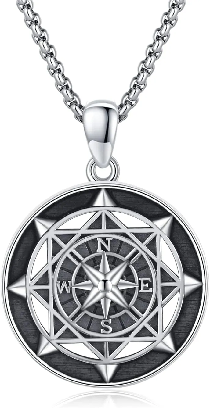 Compass Necklace S925 Sterling Silver Compass Necklace for Women Compass Pendant Necklaces Graduation Gift Friendship Compass Jewelry Christmas Gifts for Boyfriend Teens Brother Son Father Grandfather