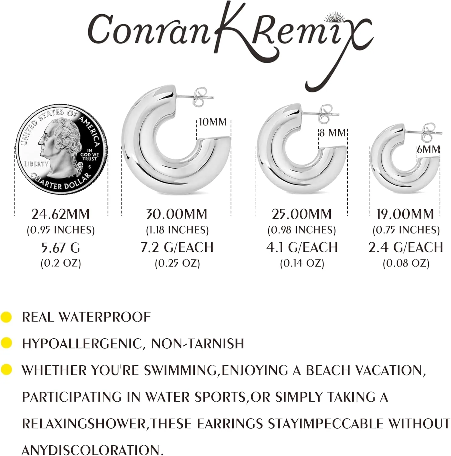 CONRAN KREMIX Waterproof Chunky Gold Hoops Earrings for Women Non Tarnish, Thick Gold Plated Circle Open Hoop,Lightweight Hollow Earrings Trendy