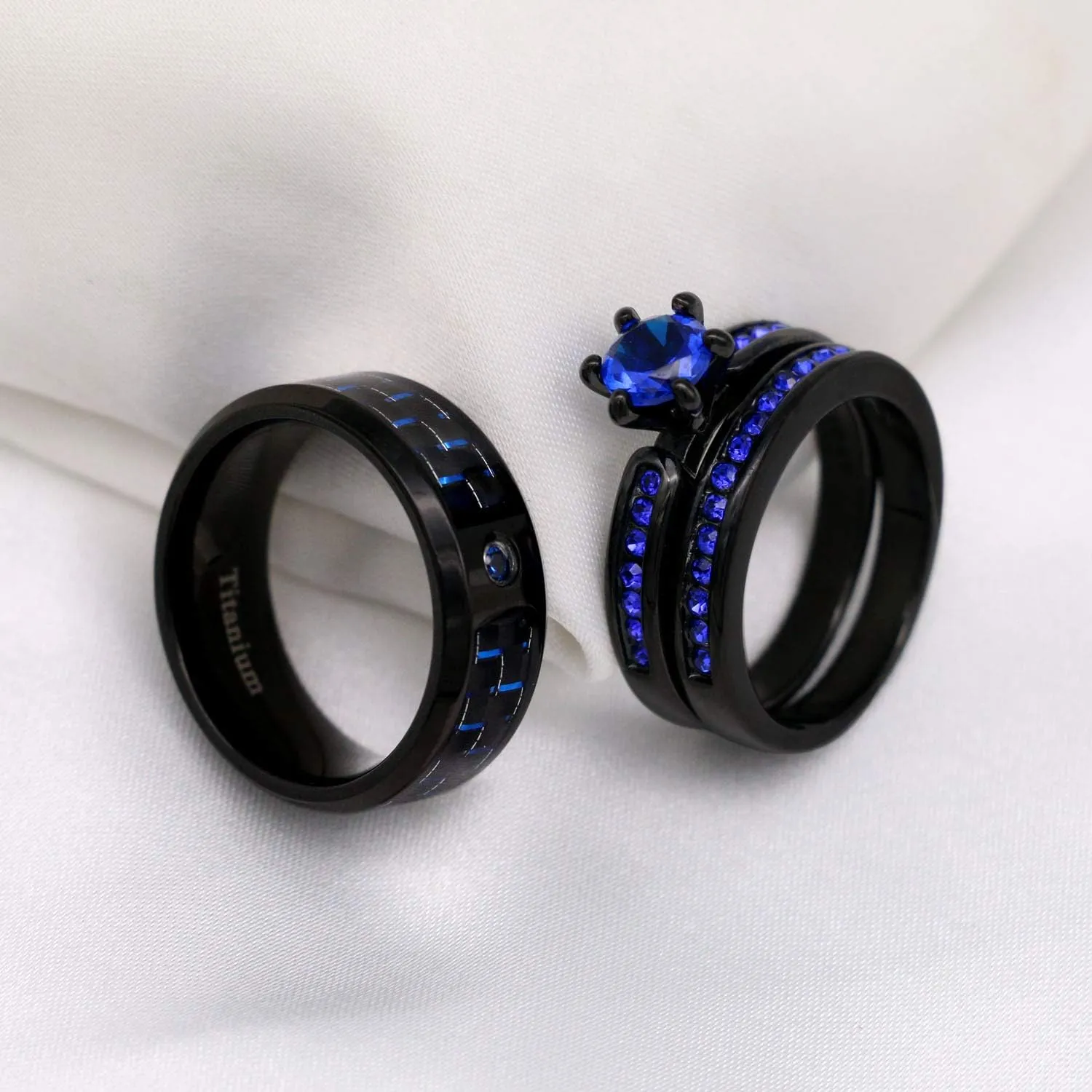 Couple Rings Black Plated Blue Cz Womens Wedding Ring Sets Titanium Steel Mens Wedding Band (Please Buy 2 Rings for 1 Pair)