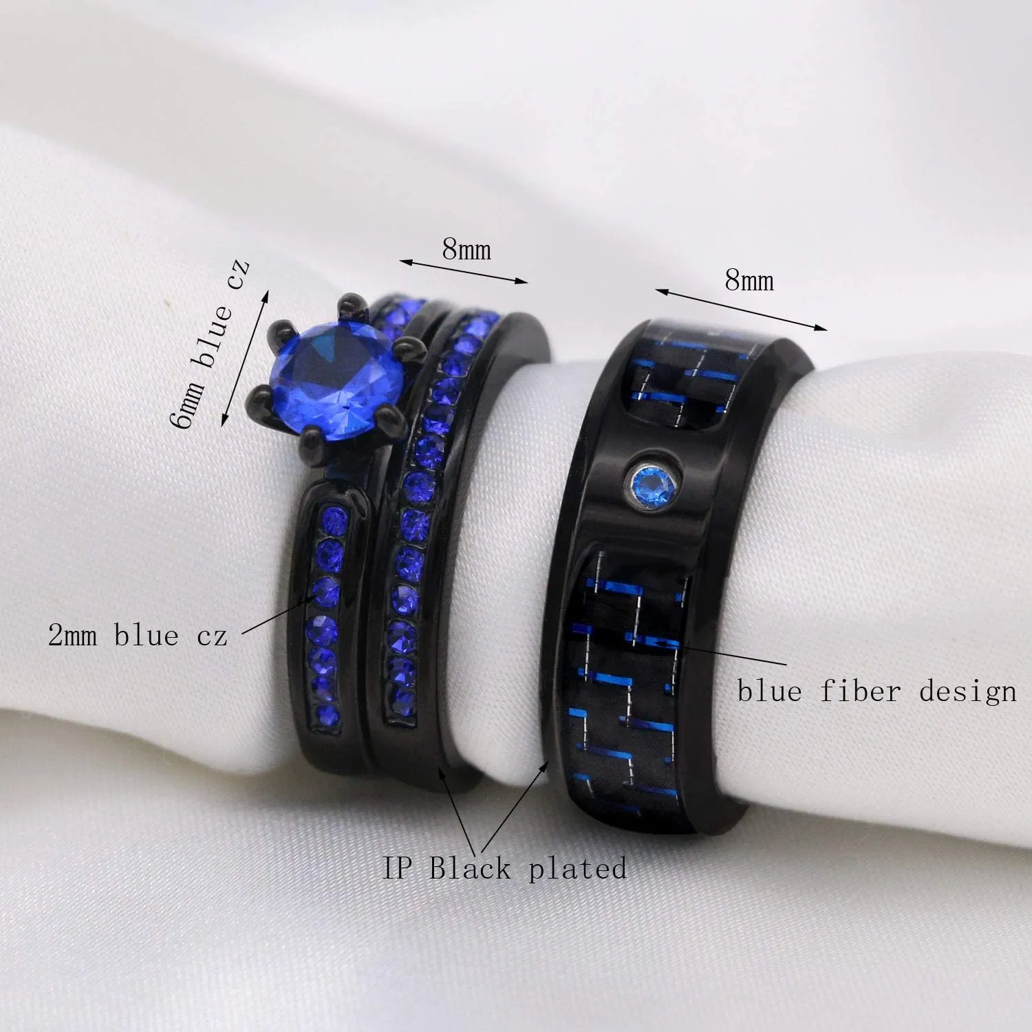 Couple Rings Black Plated Blue Cz Womens Wedding Ring Sets Titanium Steel Mens Wedding Band (Please Buy 2 Rings for 1 Pair)