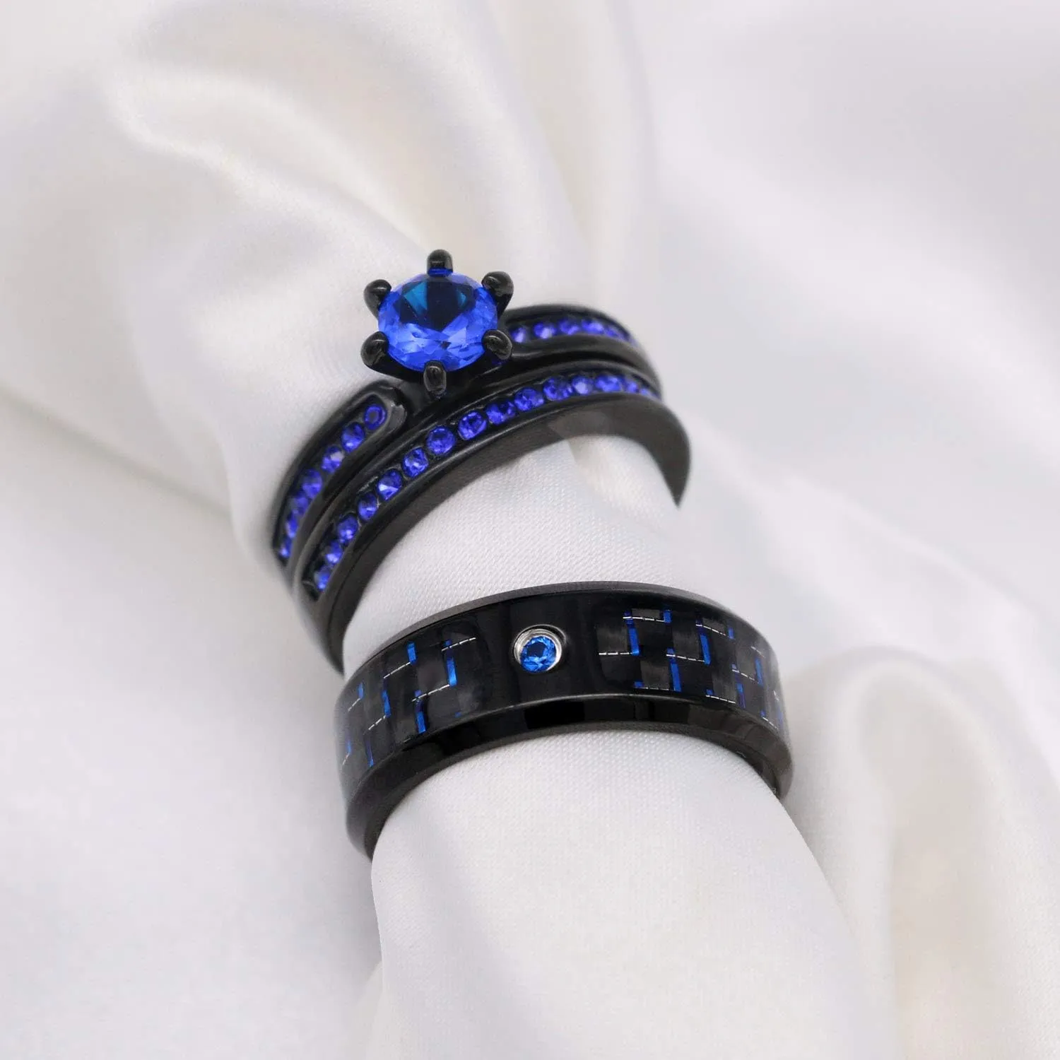 Couple Rings Black Plated Blue Cz Womens Wedding Ring Sets Titanium Steel Mens Wedding Band (Please Buy 2 Rings for 1 Pair)