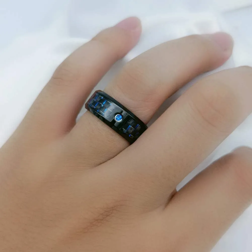 Couple Rings Black Plated Blue Cz Womens Wedding Ring Sets Titanium Steel Mens Wedding Band (Please Buy 2 Rings for 1 Pair)
