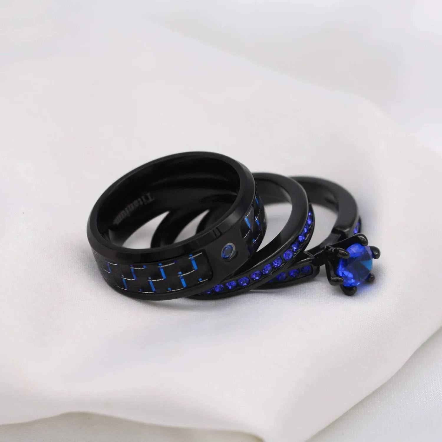 Couple Rings Black Plated Blue Cz Womens Wedding Ring Sets Titanium Steel Mens Wedding Band (Please Buy 2 Rings for 1 Pair)