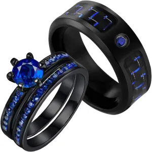 Couple Rings Black Plated Blue Cz Womens Wedding Ring Sets Titanium Steel Mens Wedding Band (Please Buy 2 Rings for 1 Pair)