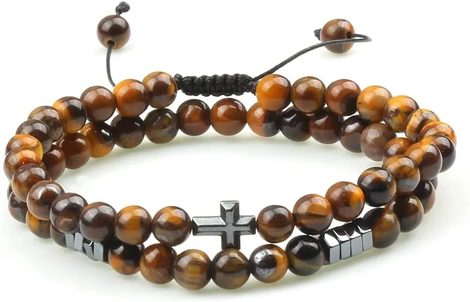 Couples Distance Beads Bracelet Fashion Hematite Cross Tiger Eye Stone Bracelets Handmade Yoga Prayer Jewelry 7652G (16)