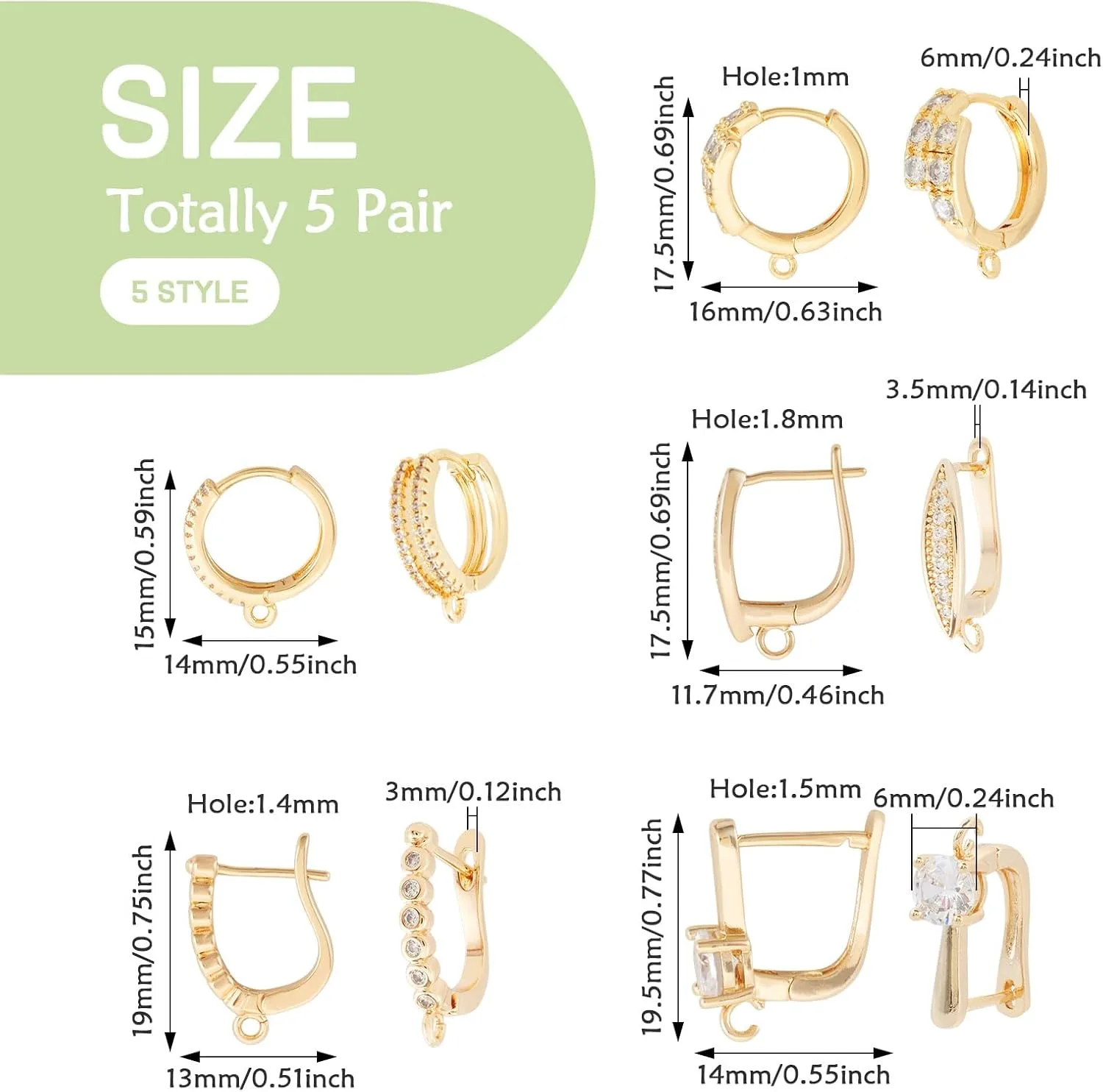 Craftdady 14K Gold Plated Hoop Earrings with Cubic Zirconia 5 Pairs Brass Huggie Earrings Chunky Gold Hoop Earrings Set for Women DIY Earrings 5 Style