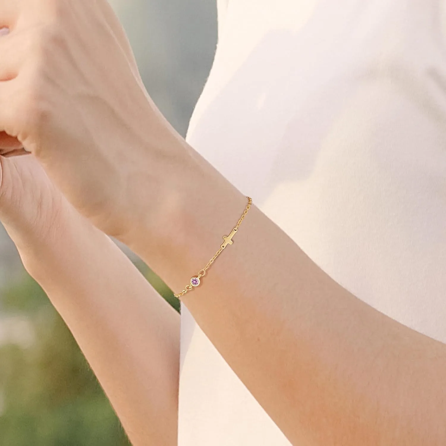 Cross Bracelet for Women with Birthstone Dainty 14k Gold Plated Bracelets for Women Non Tarnish with Cross Birthstone Bracelets for Teen Girl Gifts Trendy Stuff Religious Christian Birthday Gifts Jewelry