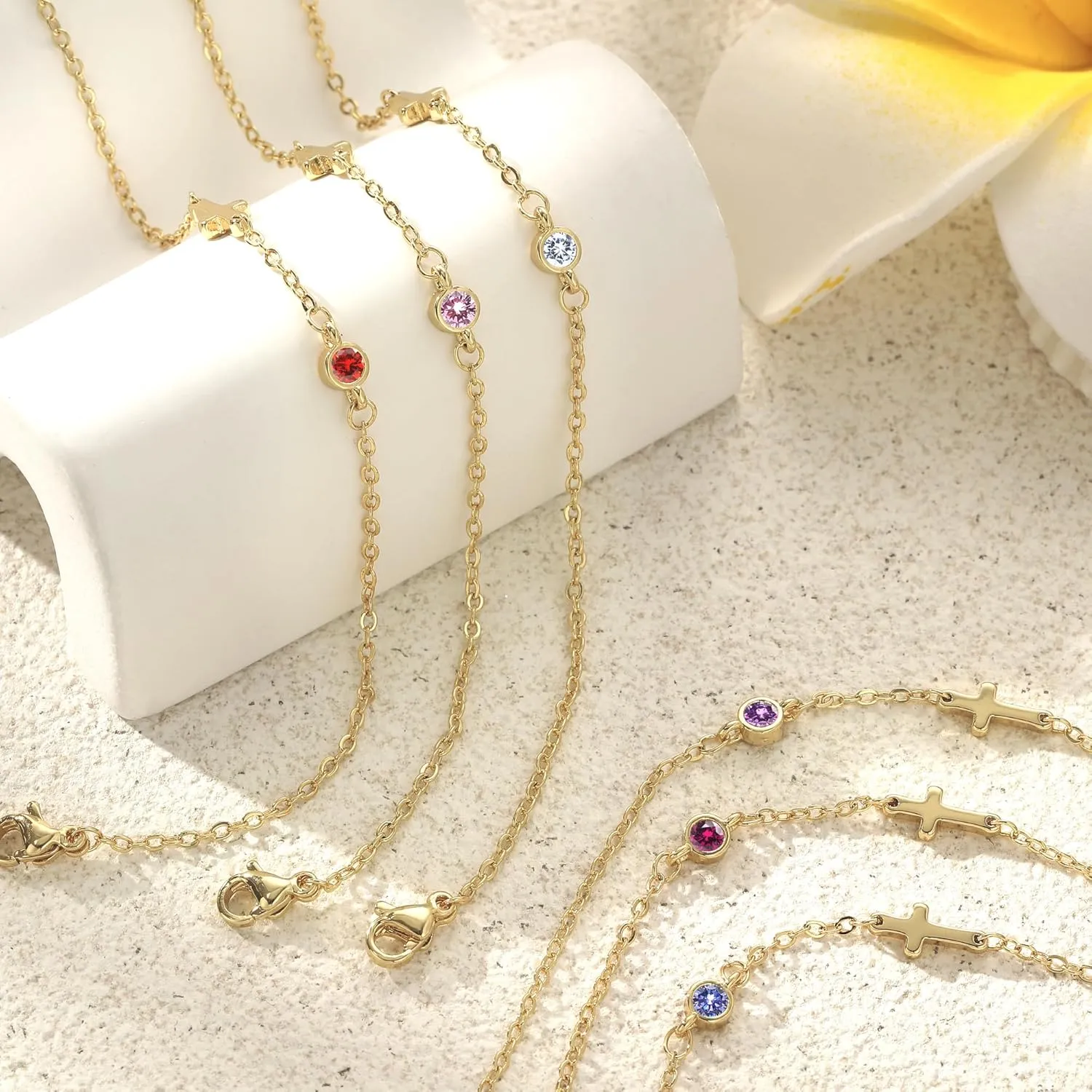 Cross Bracelet for Women with Birthstone Dainty 14k Gold Plated Bracelets for Women Non Tarnish with Cross Birthstone Bracelets for Teen Girl Gifts Trendy Stuff Religious Christian Birthday Gifts Jewelry
