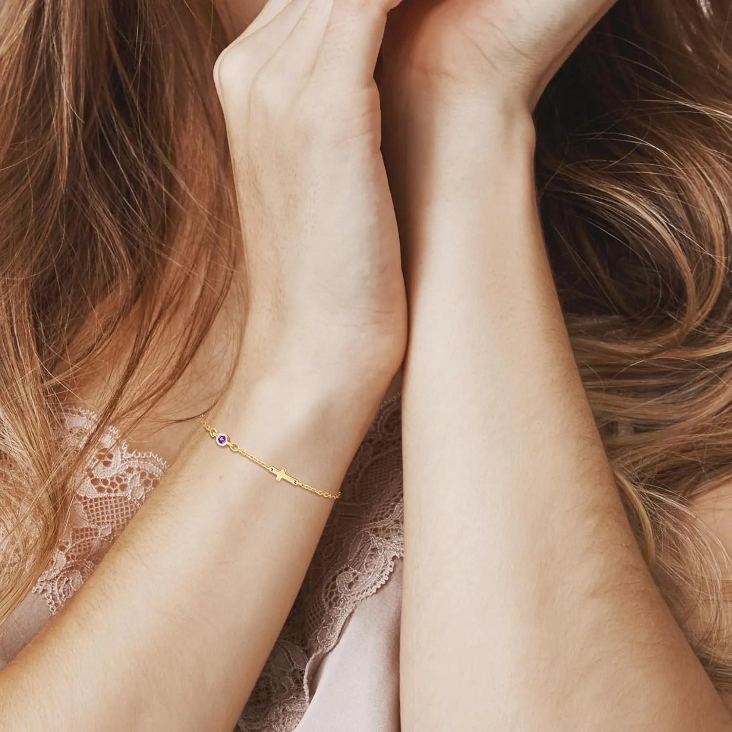 Cross Bracelet for Women with Birthstone Dainty 14k Gold Plated Bracelets for Women Non Tarnish with Cross Birthstone Bracelets for Teen Girl Gifts Trendy Stuff Religious Christian Birthday Gifts Jewelry