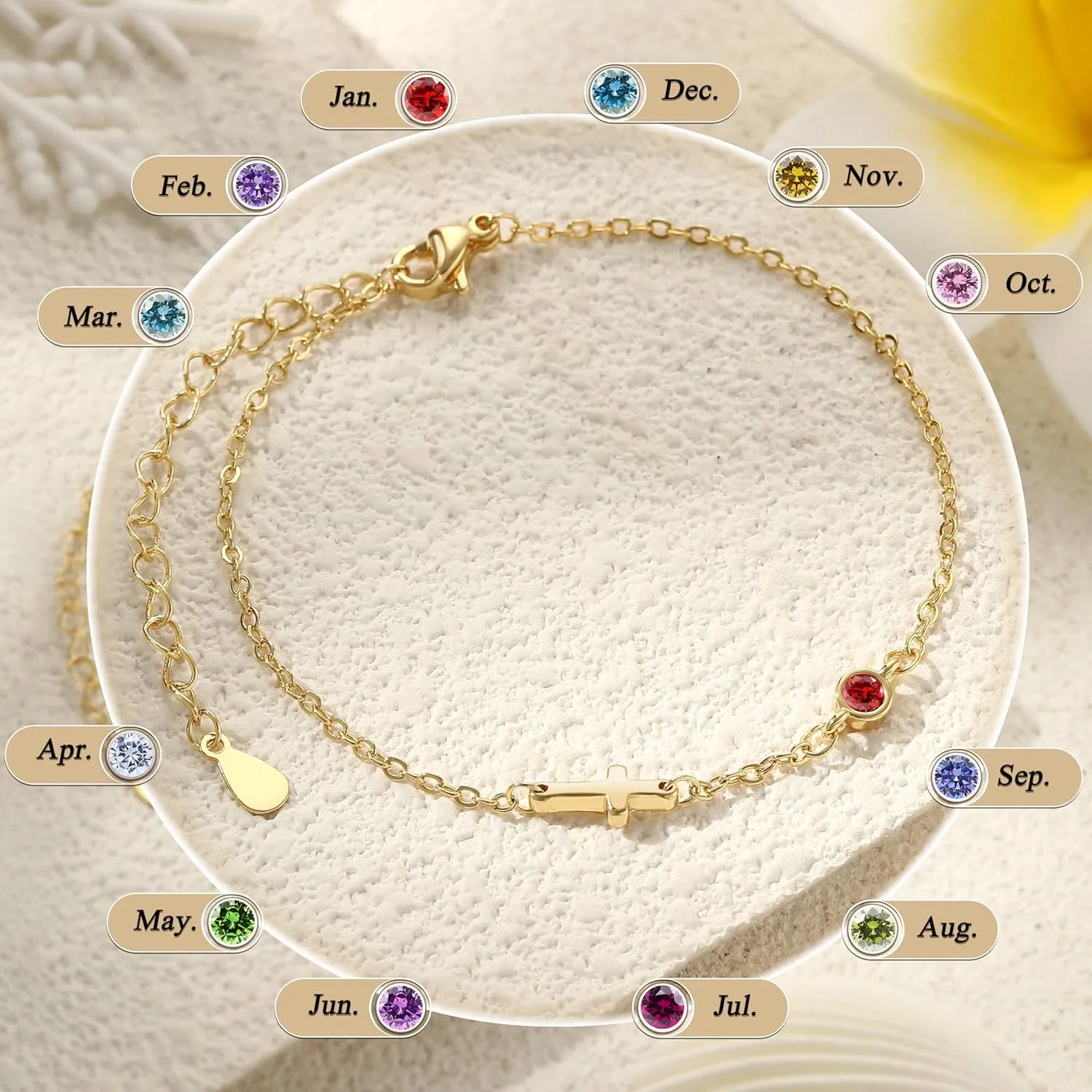 Cross Bracelet for Women with Birthstone Dainty 14k Gold Plated Bracelets for Women Non Tarnish with Cross Birthstone Bracelets for Teen Girl Gifts Trendy Stuff Religious Christian Birthday Gifts Jewelry