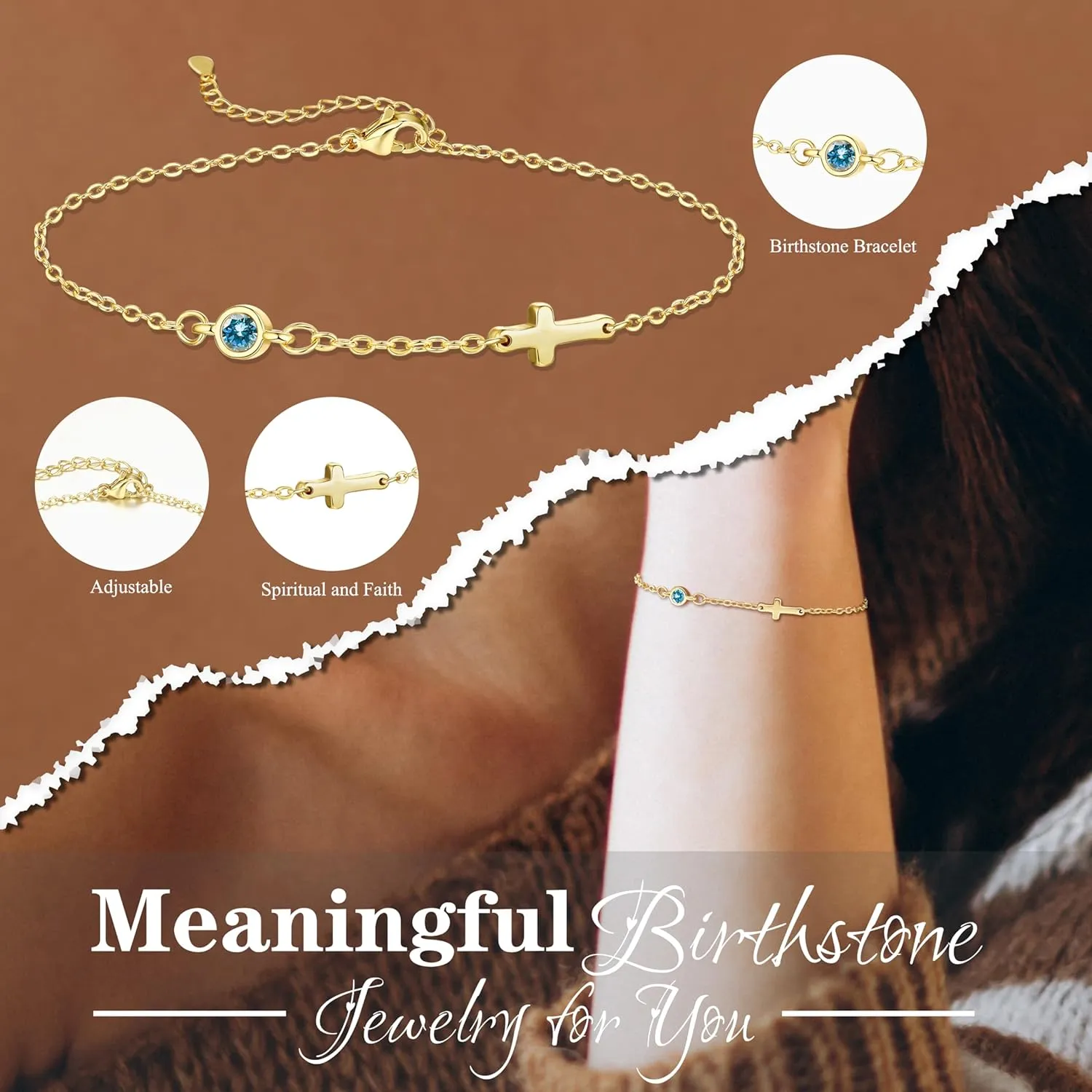 Cross Bracelet for Women with Birthstone Dainty 14k Gold Plated Bracelets for Women Non Tarnish with Cross Birthstone Bracelets for Teen Girl Gifts Trendy Stuff Religious Christian Birthday Gifts Jewelry