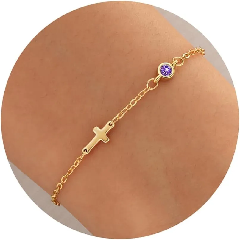 Cross Bracelet for Women with Birthstone Dainty 14k Gold Plated Bracelets for Women Non Tarnish with Cross Birthstone Bracelets for Teen Girl Gifts Trendy Stuff Religious Christian Birthday Gifts Jewelry