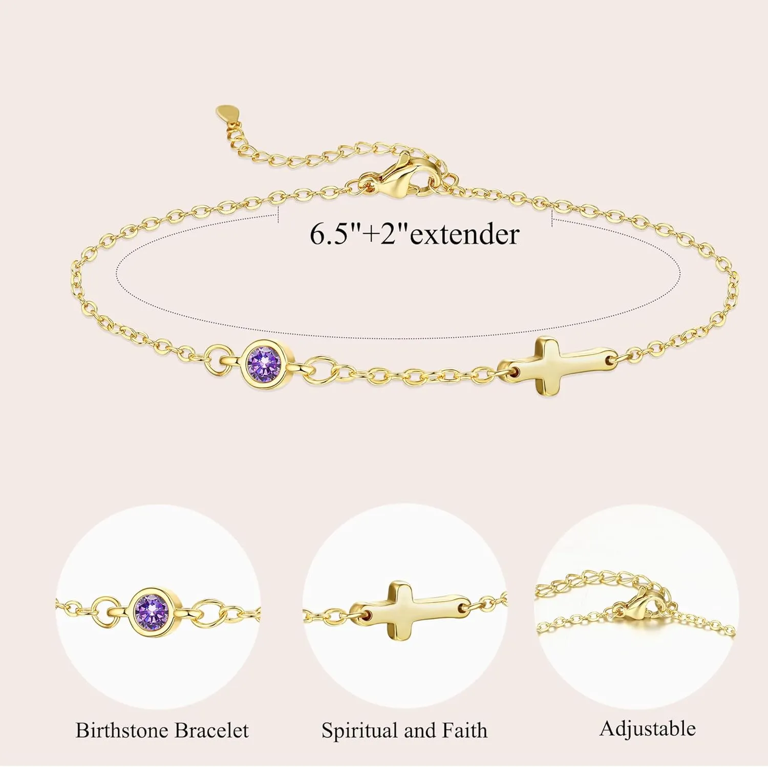 Cross Bracelet for Women with Birthstone Dainty 14k Gold Plated Bracelets for Women Non Tarnish with Cross Birthstone Bracelets for Teen Girl Gifts Trendy Stuff Religious Christian Birthday Gifts Jewelry