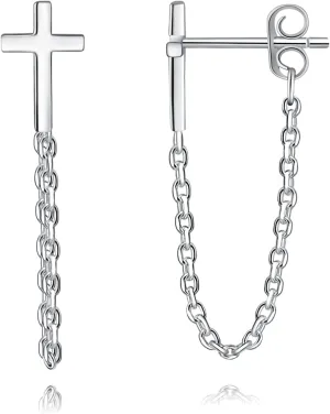 Cross Dangle Earrings for Women, Tassel Chain Earrings, 925 Sterling Silver Stud Earrings Minimalist