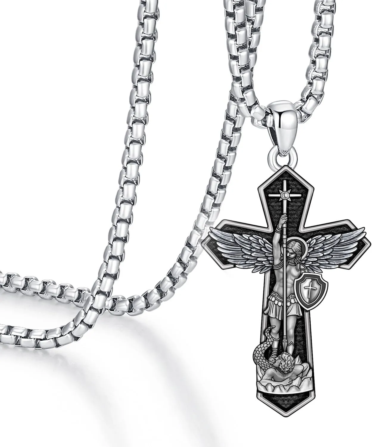 Cross Necklace for Men St Michael Pendant Necklaces, Saint Necklace 925 Sterling Silver Patron Archangel Michael Necklace for Women Amulet Religious Jewelry Gifts