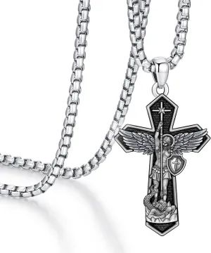 Cross Necklace for Men St Michael Pendant Necklaces, Saint Necklace 925 Sterling Silver Patron Archangel Michael Necklace for Women Amulet Religious Jewelry Gifts