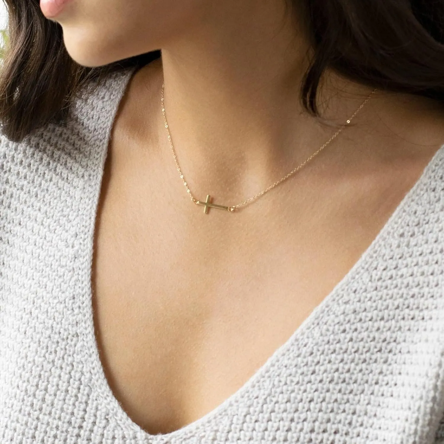 Cross Necklace for Women - 18K Gold Plated Cross Necklace Dainty Gold Cross Necklace Tiny Sideway Cross Choker Necklace Gold Cross Necklaces for Women Gold Jewelry for Women Gifts