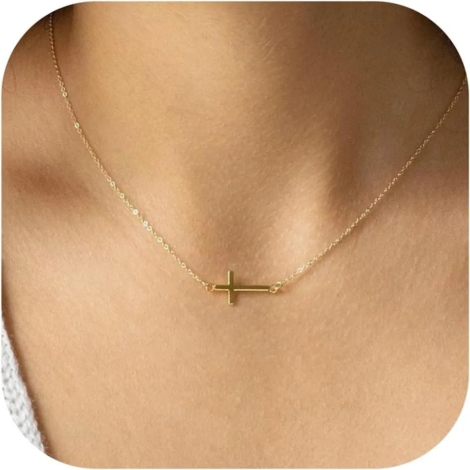 Cross Necklace for Women - 18K Gold Plated Cross Necklace Dainty Gold Cross Necklace Tiny Sideway Cross Choker Necklace Gold Cross Necklaces for Women Gold Jewelry for Women Gifts