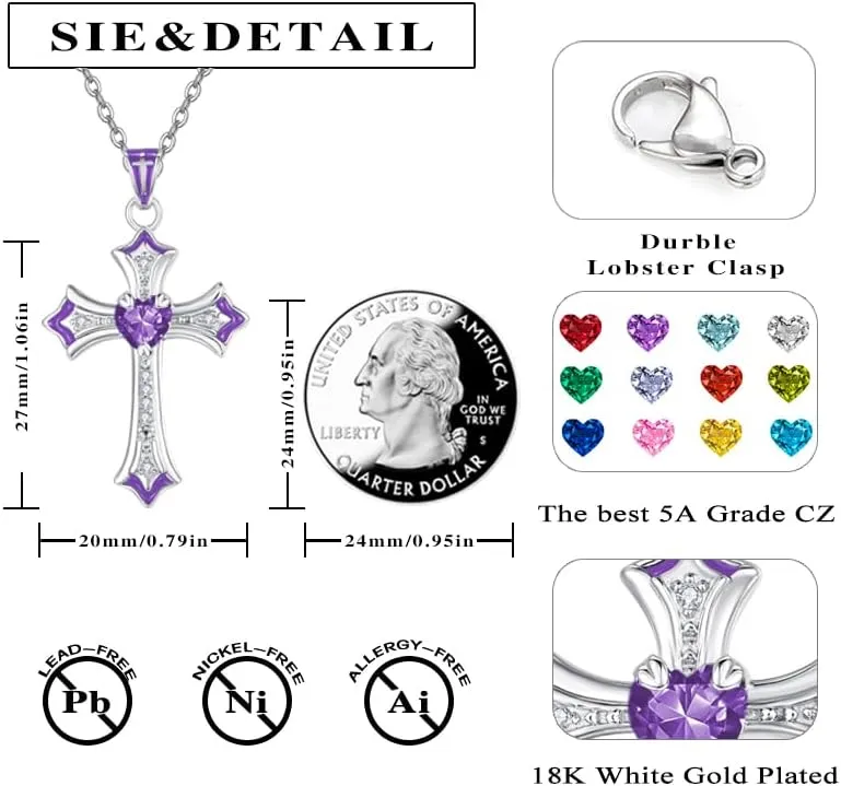 Cross Necklaces Heart Birthstone Birthday Gifts for Women, 18K White Gold Plated Crucifix Pendant Necklace Jewelry Religious Anniversary christmas Gifts for Wife Mom Her