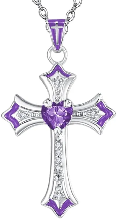 Cross Necklaces Heart Birthstone Birthday Gifts for Women, 18K White Gold Plated Crucifix Pendant Necklace Jewelry Religious Anniversary christmas Gifts for Wife Mom Her