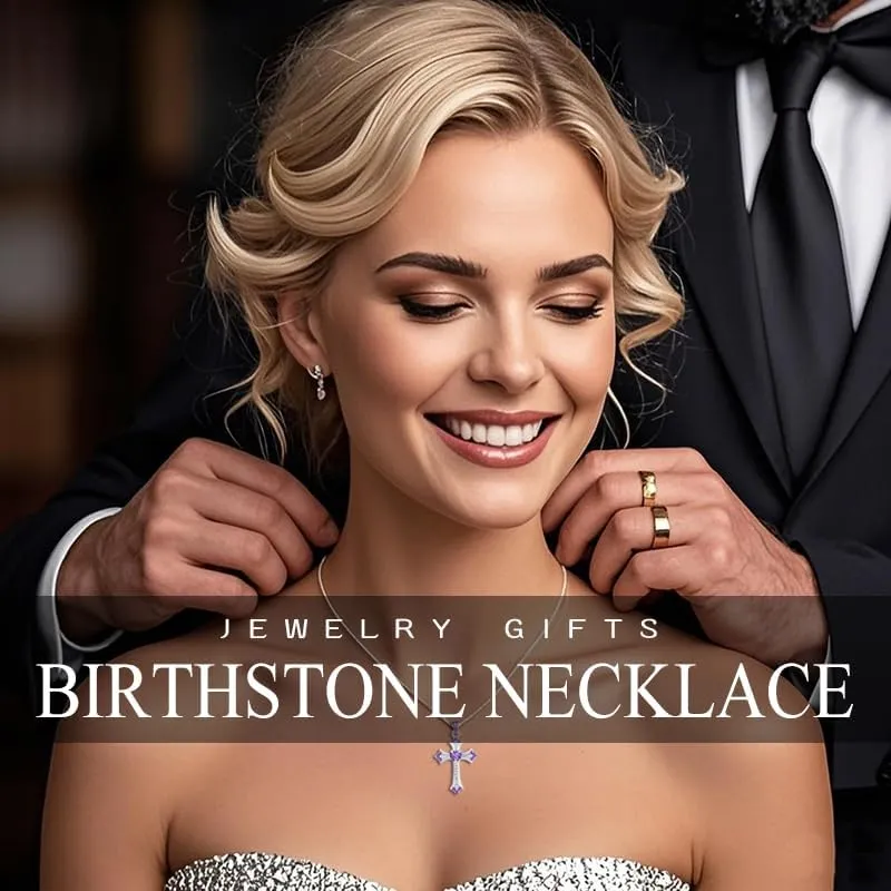 Cross Necklaces Heart Birthstone Birthday Gifts for Women, 18K White Gold Plated Crucifix Pendant Necklace Jewelry Religious Anniversary christmas Gifts for Wife Mom Her