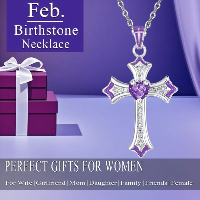 Cross Necklaces Heart Birthstone Birthday Gifts for Women, 18K White Gold Plated Crucifix Pendant Necklace Jewelry Religious Anniversary christmas Gifts for Wife Mom Her