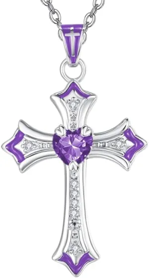 Cross Necklaces Heart Birthstone Birthday Gifts for Women, 18K White Gold Plated Crucifix Pendant Necklace Jewelry Religious Anniversary christmas Gifts for Wife Mom Her