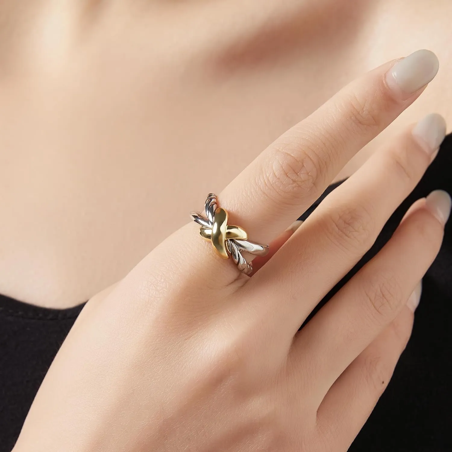Cross Rings for Women, Chunky Silver Statement Rings Gold Rings Vintage 2 Tone 14K Gold Plated Ring Intertwined Wide Band Costume Jewelry