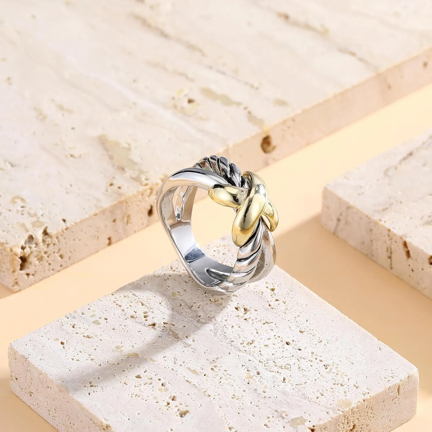 Cross Rings for Women, Chunky Silver Statement Rings Gold Rings Vintage 2 Tone 14K Gold Plated Ring Intertwined Wide Band Costume Jewelry