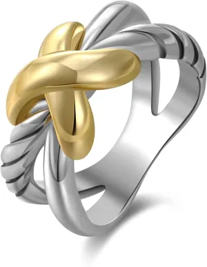 Cross Rings for Women, Chunky Silver Statement Rings Gold Rings Vintage 2 Tone 14K Gold Plated Ring Intertwined Wide Band Costume Jewelry